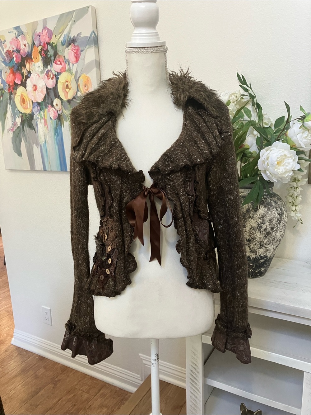 Vintage Boho Brown Textured Knit Cardigan with Ribbon Tie and Faux Fur Collar